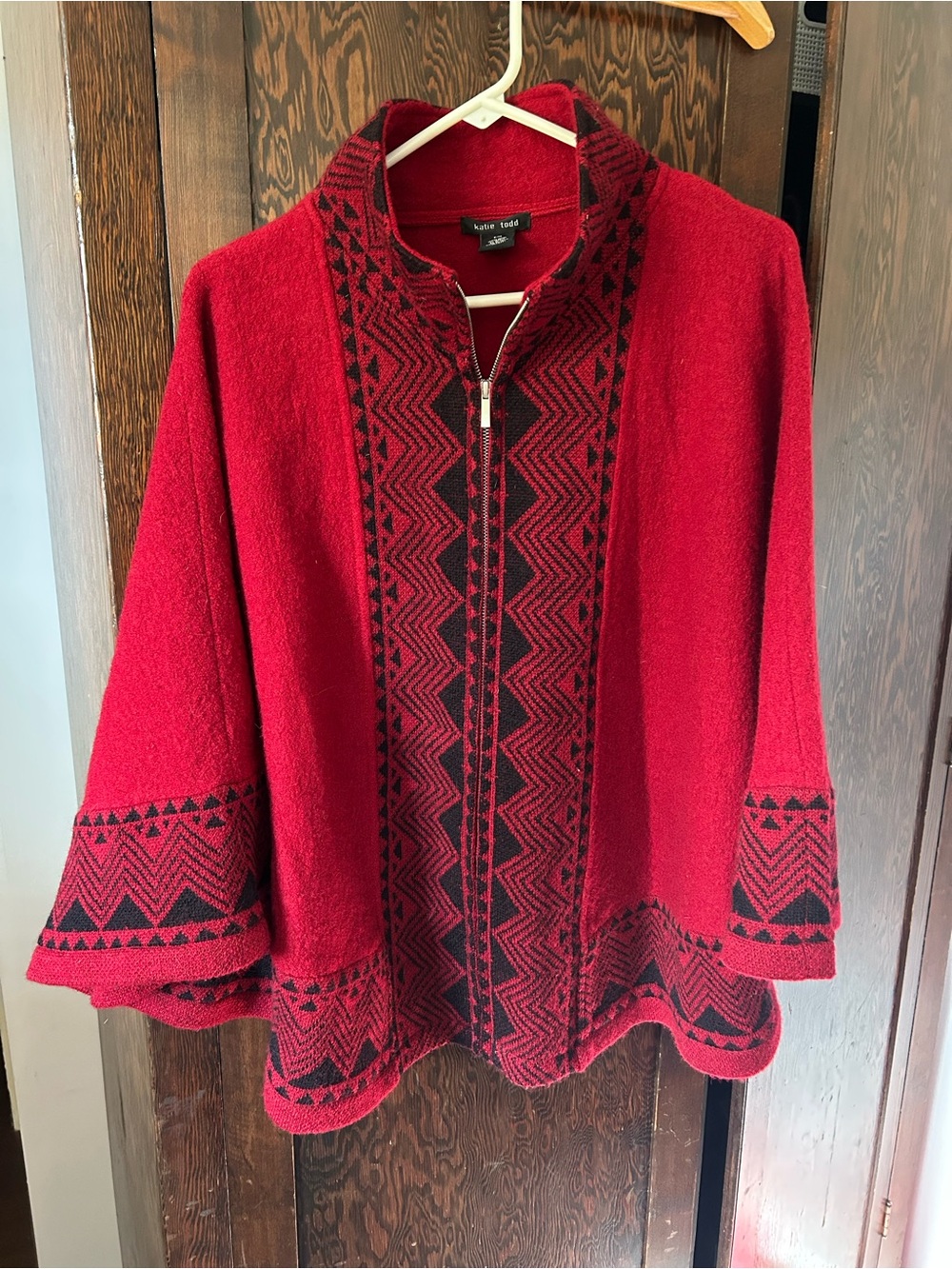 Katie Todd Red Zip-Front Wool Cape Poncho
